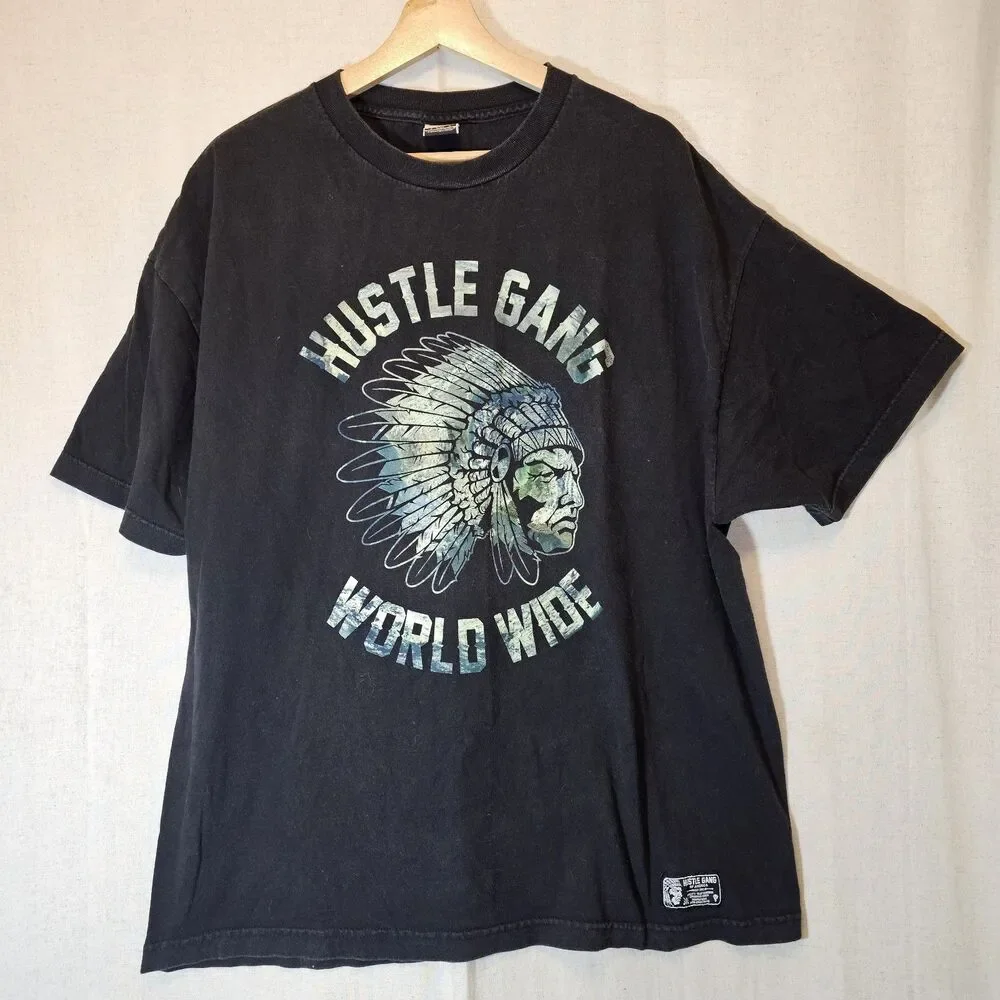 Hustle Gang Indian Head Native Americans Tribal Head Mens 3XL Black Tee Shirt 3X